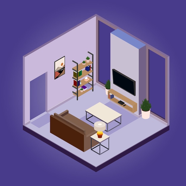 Isometric living room in vector illustrations with interior decoration