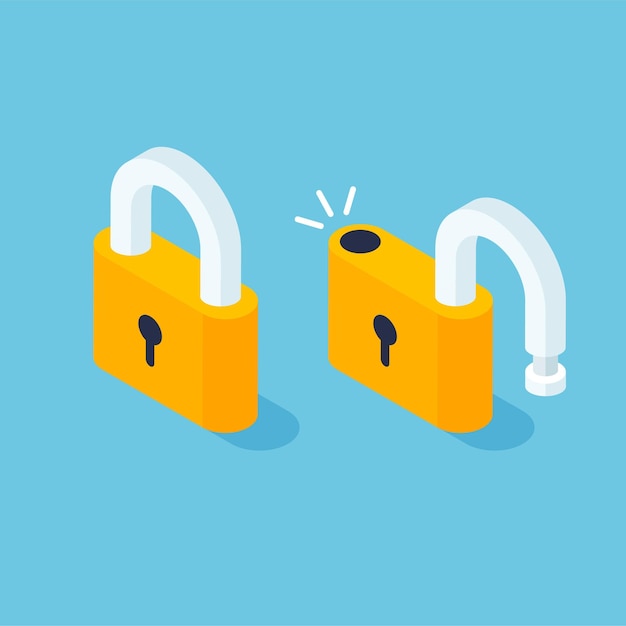 Isometric locked and unlocked lock Open and closed padlock Vector illustration in trendy 3d style