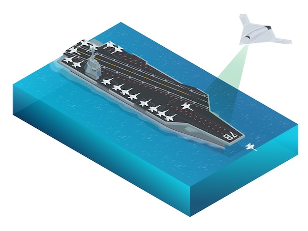 Isometric Long Range Strike-Bomber. Aircraft military mission isolated on background. Aircraft assigned to the nuclear-powered aircraft carrier CVN . Military sea transport.