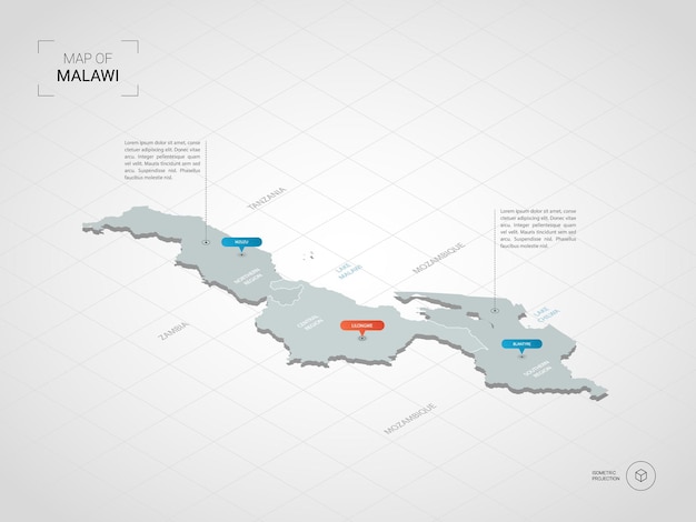 Isometric   Malawi map. Stylized  map illustration with cities, borders, capital, administrative divisions and pointer marks; gradient background with grid.