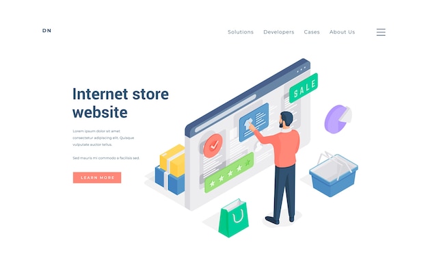 Isometric male standing near basket and paper bag and making purchases in online shop with good rating on banner of Internet store website