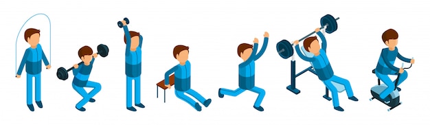 Isometric man doing sport exercises. Male fitness and gym characters  on white background