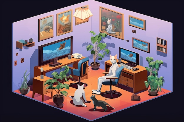 Isometric Man Using Computer with Cats