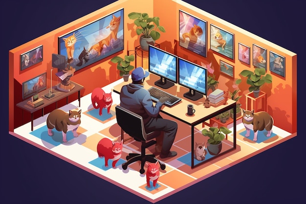 Isometric Man Using Computer with Cats