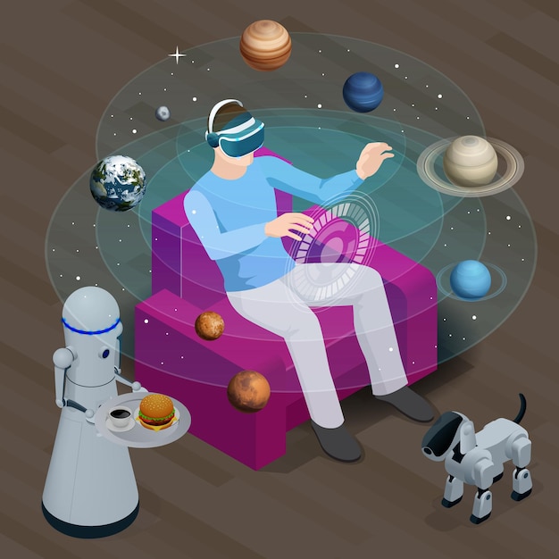 Isometric man in virtual reality glasses looks at the planets of the solar system. Sun, Mercury, Venus, planet earth, Mars, Jupiter, Saturn, Uranus, Neptune. Science and education vector background.