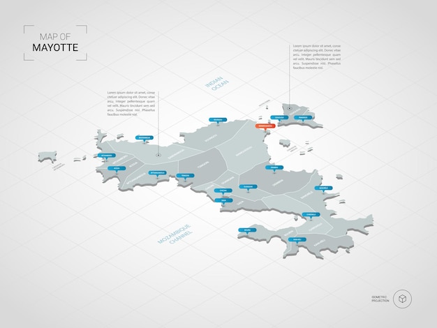 Isometric   Mayotte map. Stylized  map illustration with cities, borders, capital, administrative divisions and pointer marks; gradient background with grid.