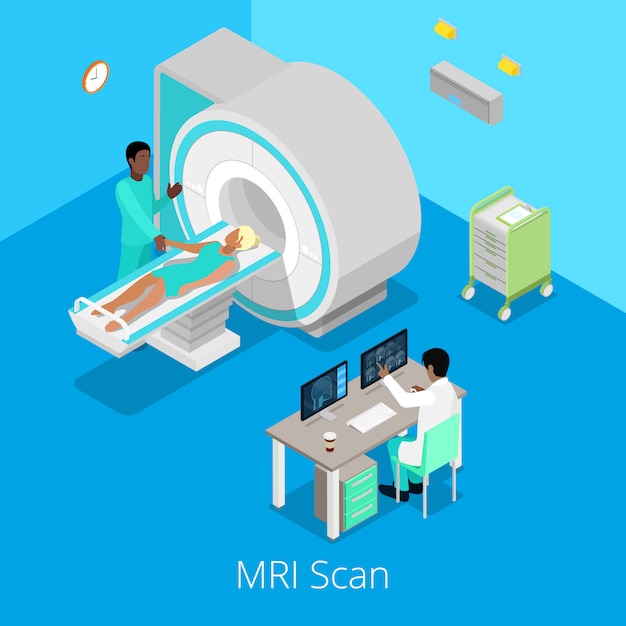 Isometric Medical MRI Scanner Imaging Process with Doctor and Patient.  illustration