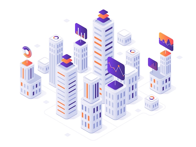 Isometric megalopolis infographic. City buildings, futuristic urban and town business office district metrics 3d  illustration