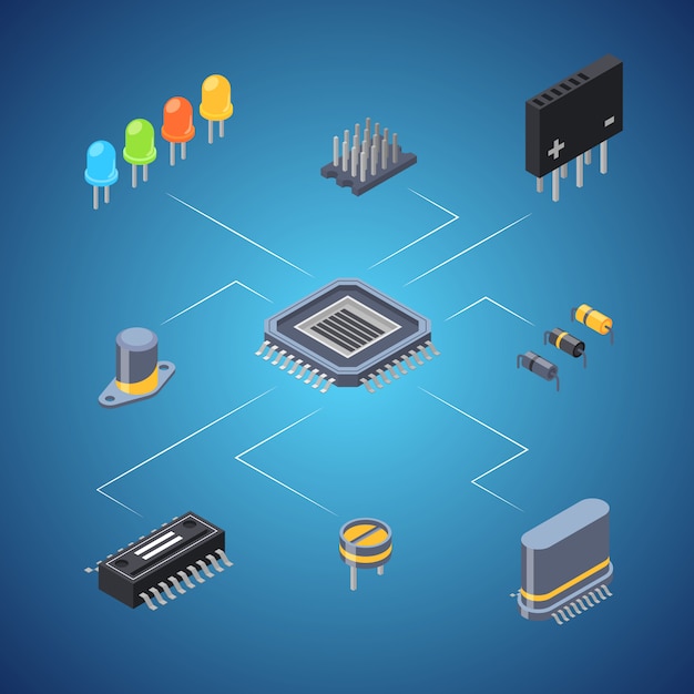 Vector isometric microchips and electronic parts icons infographic concept 