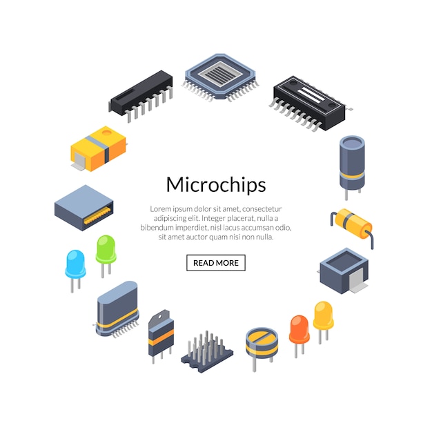  isometric microchips and electronic parts icons