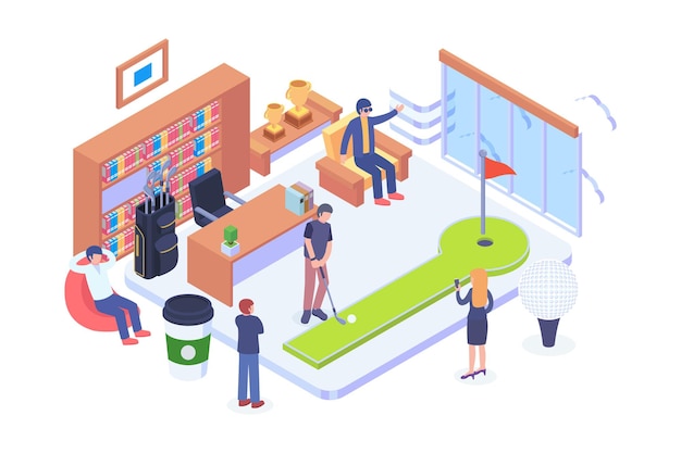 Isometric mini office golf vector concept