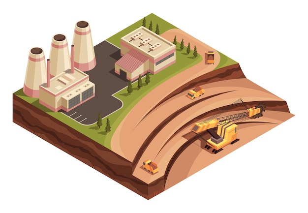 Isometric mining industry and power generating. Industrial vehicles working in extraction area.