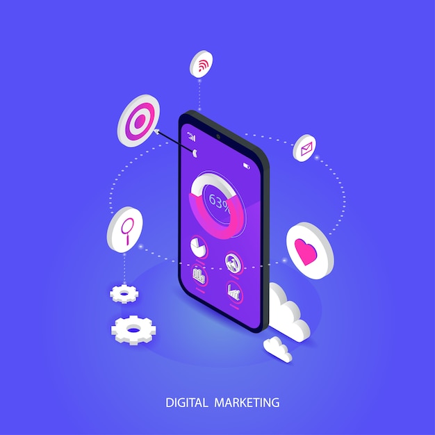 Vector isometric mobile concept seo optimization. and digital media marketing flat vector concept