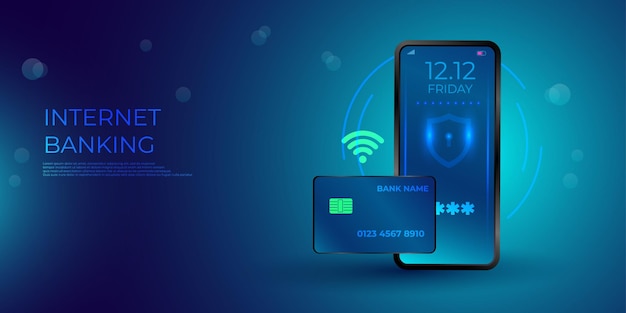 Isometric mobile phone and internet banking. online payment security transaction via credit card. protection shopping wireless pay through smartphone.