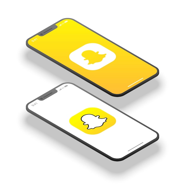 Isometric mobile phone screen mockup with snapchat logo isolated