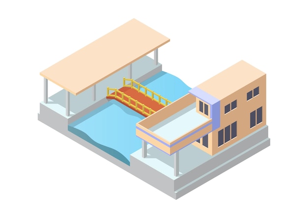 Isometric modern house with bridge and pool