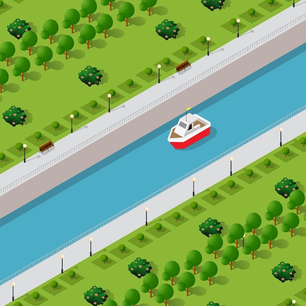 Isometric modern modern city with water river embankment