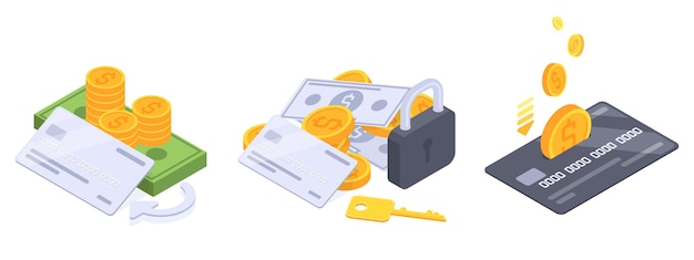 Isometric money 3d cash dollars gold coins and credit card financial wealth vector illustration set