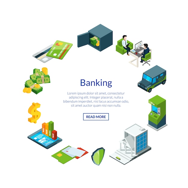  isometric money flow in bank icons illustration