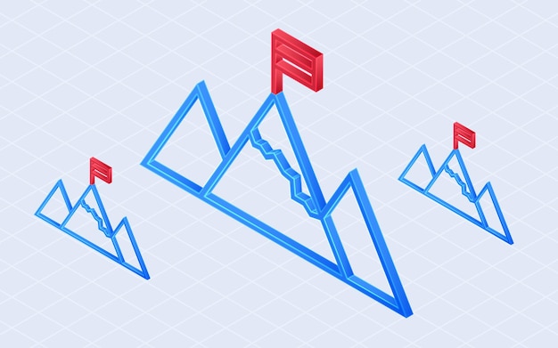 Vector isometric mountain mission mountain with flag isolated on white background
