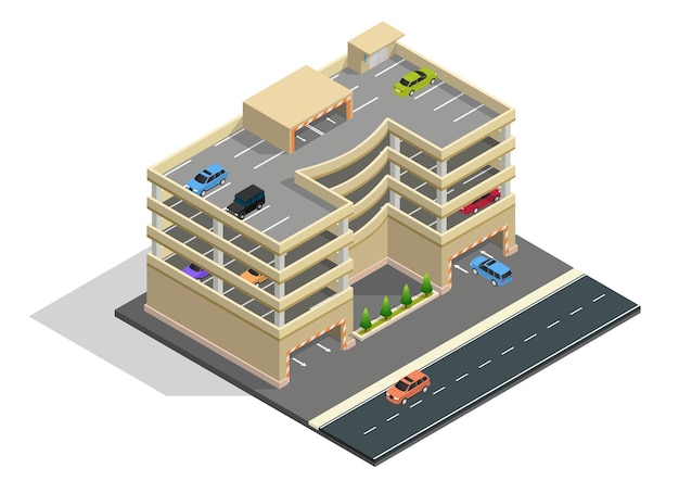 Isometric multilevel car parking building with car inside.