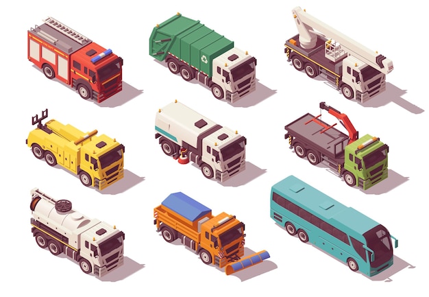 Isometric municipal utility trucks set. Vector illustration. Collection