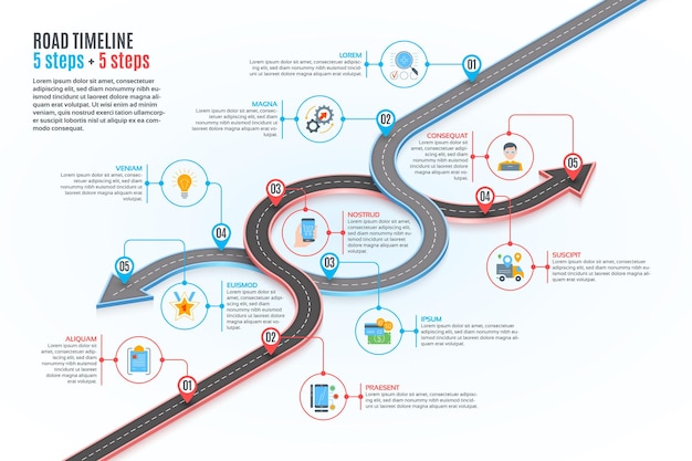 Isometric navigation map infographic 5 steps timeline concept Winding road Vector illustration