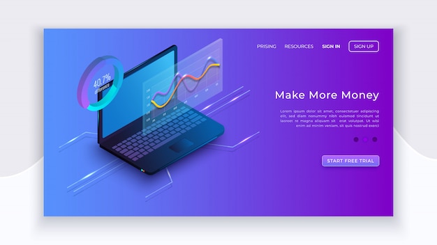 Isometric notebook and diagrams. Digital business. Business app isometric concept. Laptop with statistics diagrams. Technology landing page