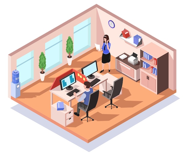 Isometric office indoor building People work inside cabinets Isometry cartoon office Indoor visual workplace visualization Corporation inside concept Office workspace Vector illustration