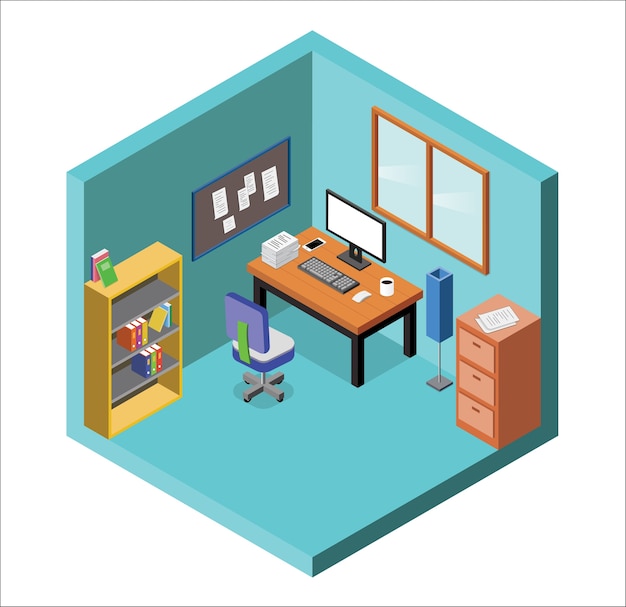 Isometric office interior office desk with PC and chair.