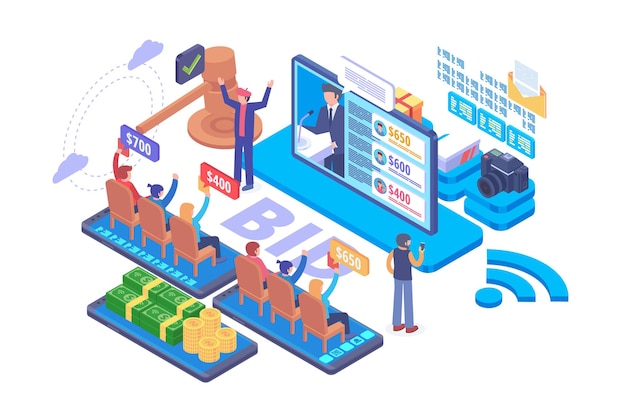 Isometric online auction vector concept