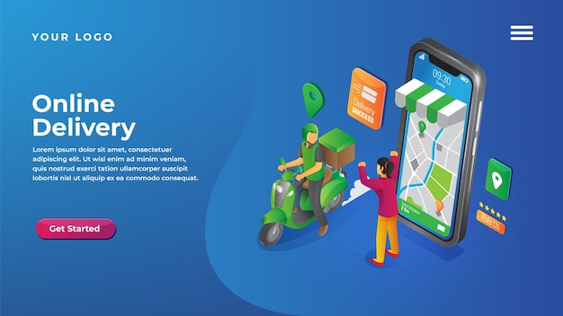 Isometric online delivery service for website and mobile apps landing page