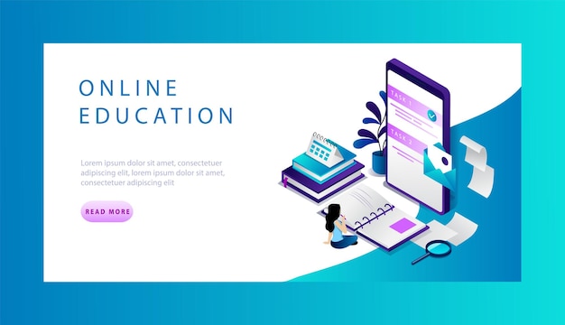 Isometric Online Education Website Landing Page Concept.