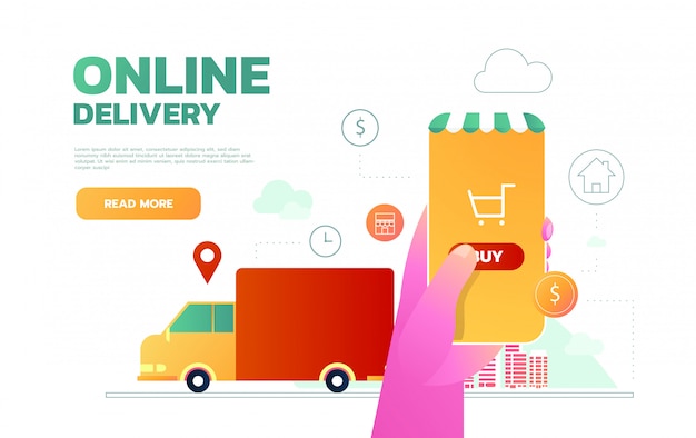 Isometric online Express, Free, Fast Delivery, Shipping concept. Checking delivery service app on mobile phone. Delivery-truck. illustration.