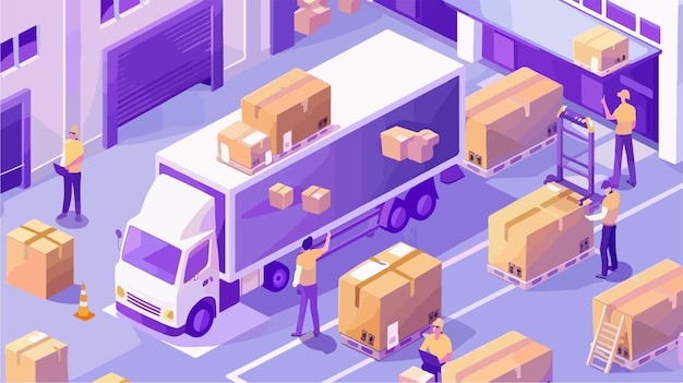 Isometric Online Express Men in Warehouse Loading Boxes