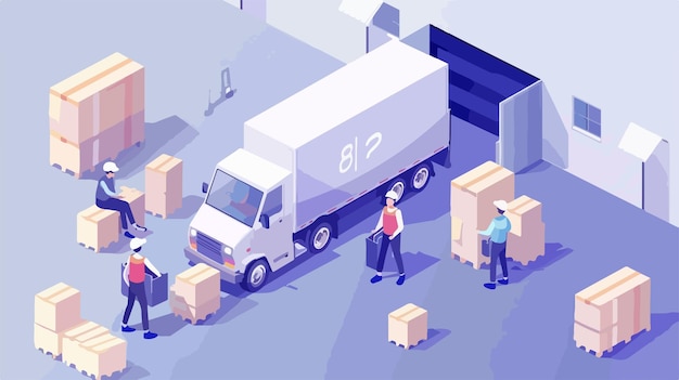 Isometric Online Express Men in Warehouse Loading Boxes