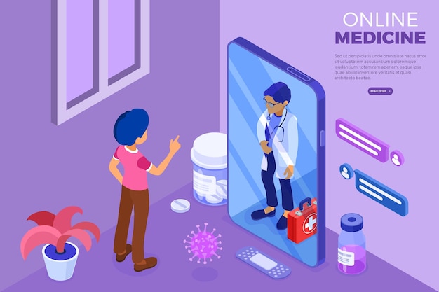 Isometric online medical diagnostics and doctors workplace. Doctor advises patient online about virus with Smartphone from Home. Isometric vector illustration