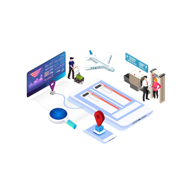 Isometric Online purchase or booking of tickets for an airplane. Travel around the world and countries