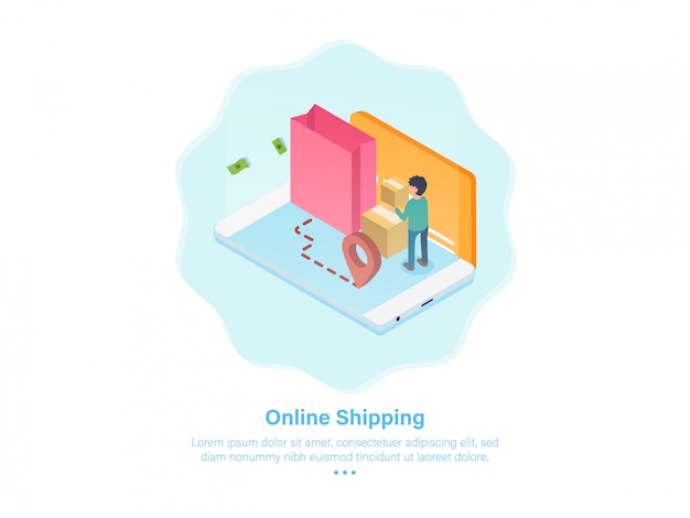 Isometric online shipping mobile apps onboarding