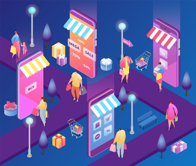 Isometric online shopping people illustration, cartoon 3d customer characters with shopper bag buy in discount sale using smartphone