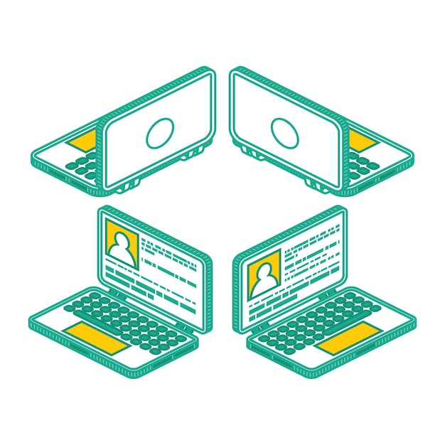 Isometric Outline Collection of Laptops Notebooks Shown from Different Sides