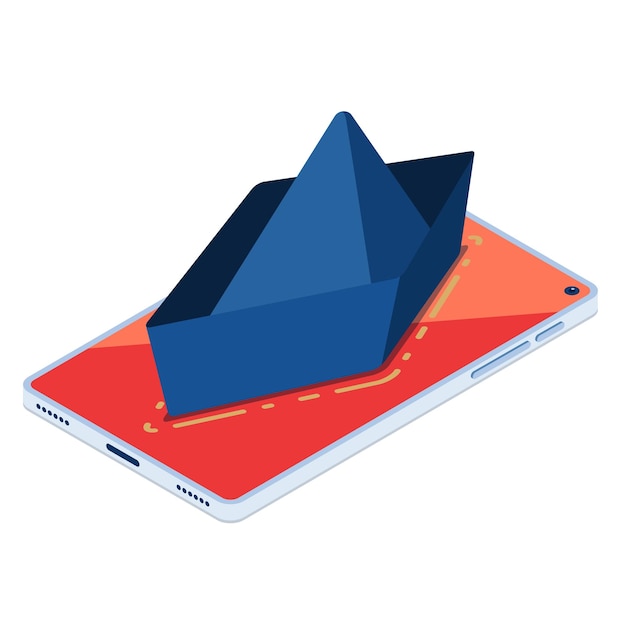 Isometric Paper Boat in Red Smartphone Screen