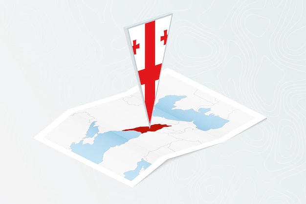 Isometric paper map of Georgia with triangular flag of Georgia in isometric style Map on topographic background