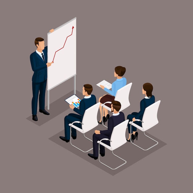 Isometric people, businessmen 3D business woman. Education Group office employees, business training, business stategii. Employees on a dark background