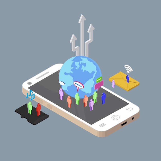 Isometric people chatting to other through electronic devices