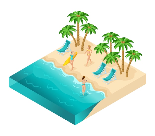 Isometric people girls, 3D tourists, girls relaxing on the ocean, beach, sand, palm trees, rest, sunbathing, women in swimsuits, surfboard, girls in the water