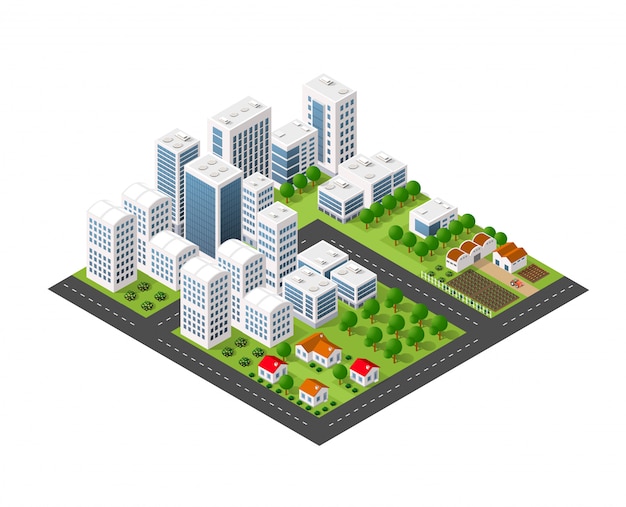 Isometric perspective city with streets, houses, skyscrapers 