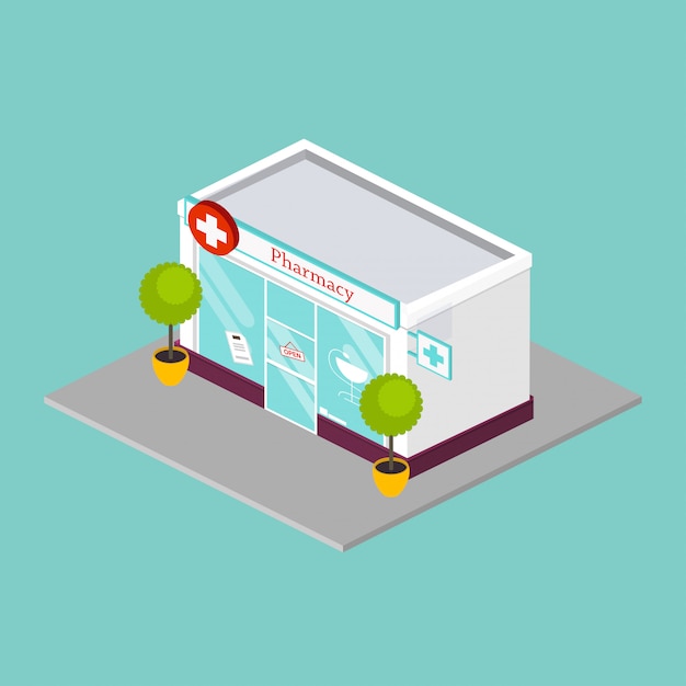 Isometric Pharmacy drugstore shop facade. Flat style   illustration.