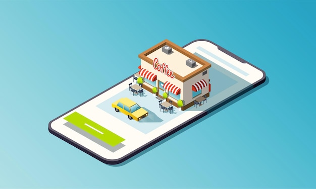 Isometric phone with coffee house road and taxi car