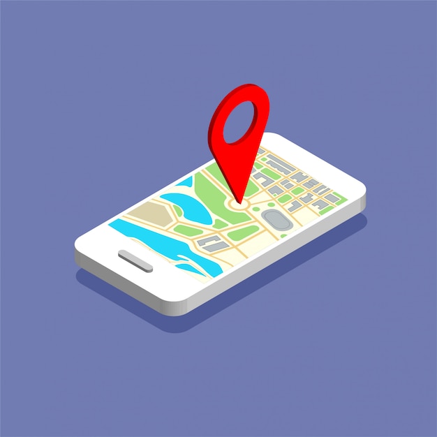 Isometric phone with map navigation on a display. GPS navigator with red pinpoint. City map with point markers.   illustration isolated